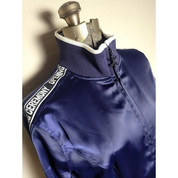 Opening Ceremony Navy Blue Track Dress Mini‎ Satin Logo Size Medium $350 Retail - Picture 2 of 13